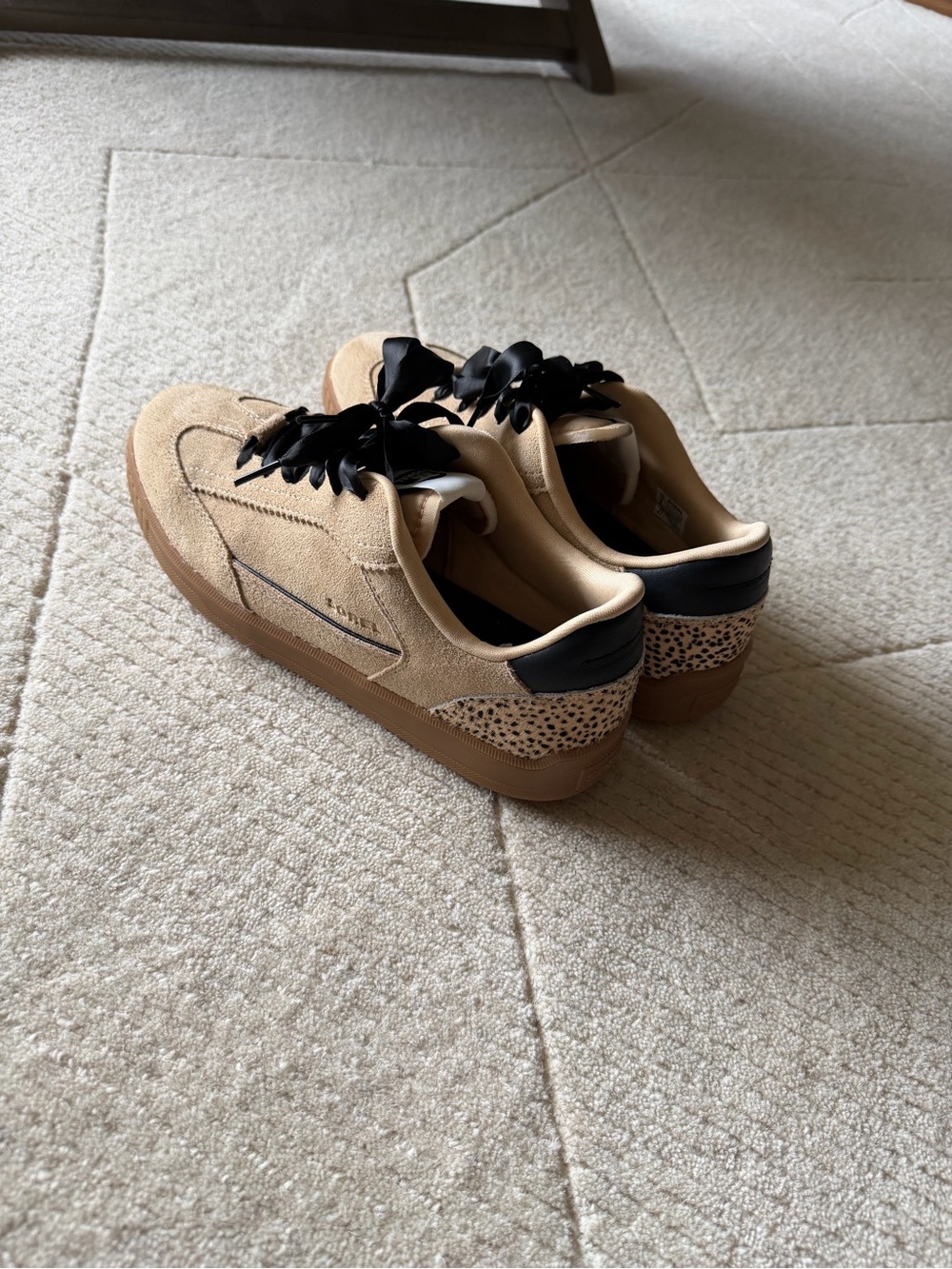 New Sorel Tan Suede Platform Sneakers with Black Trim and Leopard Heel